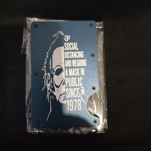 Metal minimalist RFID blocking wallet laser engraved Michael Myers.